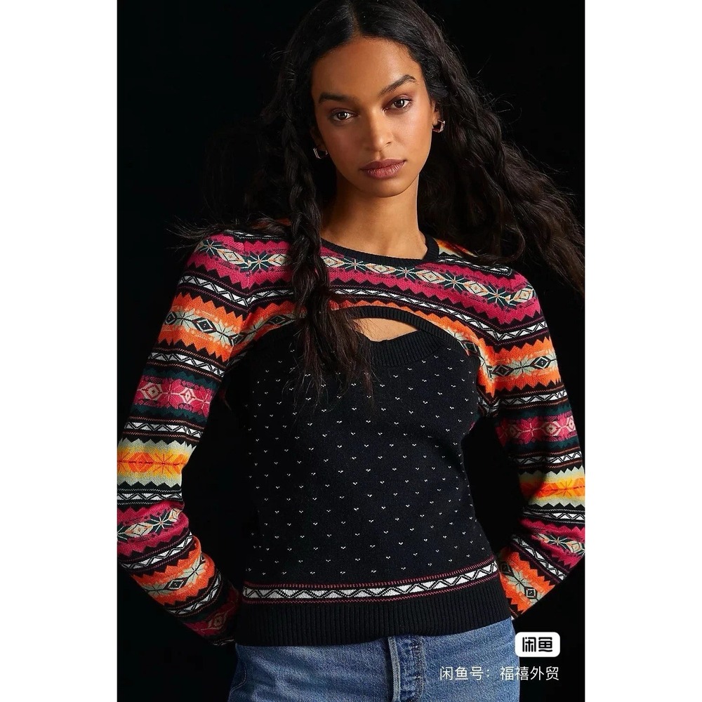 Maeve Anthropologie Shrug black fair isle Cropped Sweater grunge size‎ XS edgy